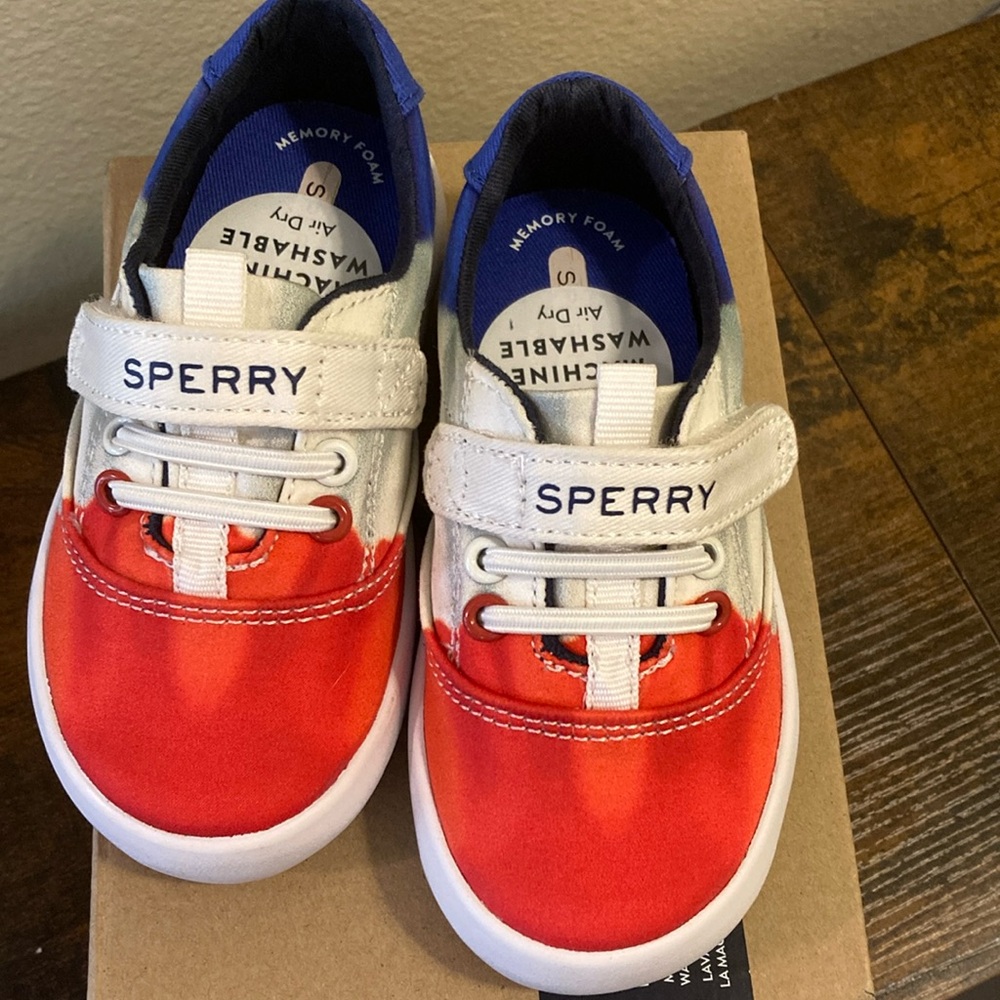 NIB Sperry Red and Blue Baby Sneakers with Velcro Straps